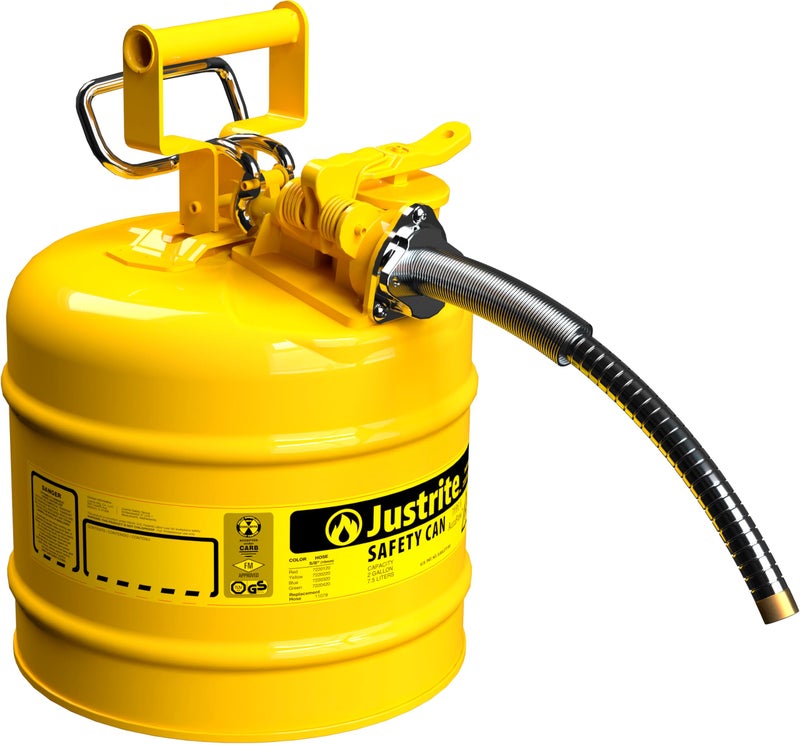 Justrite 2 Gallon Type II Yellow Safety Can for Diesel with Flame Arrester, Self-Closing Lid, and 5/8" Flexible Metal Spout, Made in the USA, Galvanized Steel Flammable Storage Can, 7220220 - Image 1